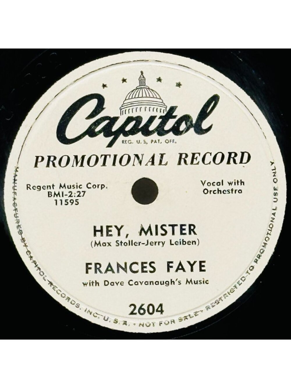 Frances Faye Hey Mister 10 Inch Shellac 78 RPM Capitol Promo Record 2604 - Picture 2 of 6